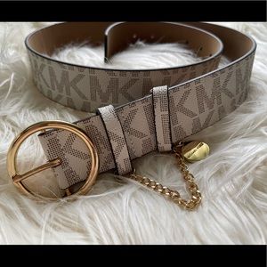 Michael Kors Signature Monogram Women’s Belt Ivory Faux Leather w/ Gold Accents